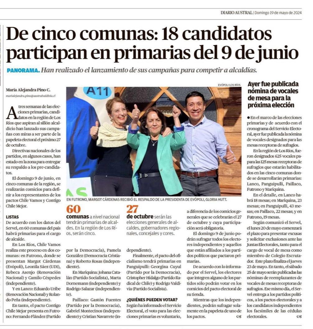 🗞️ En El Austral de Los Ríos, nuestra candidata a alcaldesa por #Futrono, Margot Cárdenas, junto a @GloriaHutt y @JarolFuchs. 🗳️ Este 9 de junio, vota en las primarias!