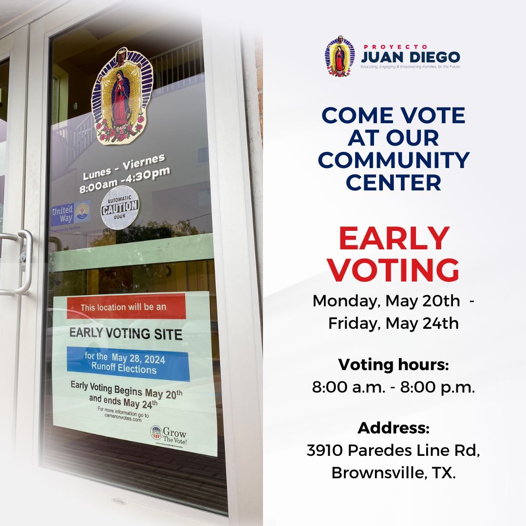 🎉 Exciting News! 🎉

We are thrilled to announce that Proyecto Juan Diego will be an official polling location for the Democratic and Republican primary runoff elections! 🗳️

Make your voice heard and cast your vote! ✅

#Voting #Elections #CommunityEngagement  #BrownsvilleTX