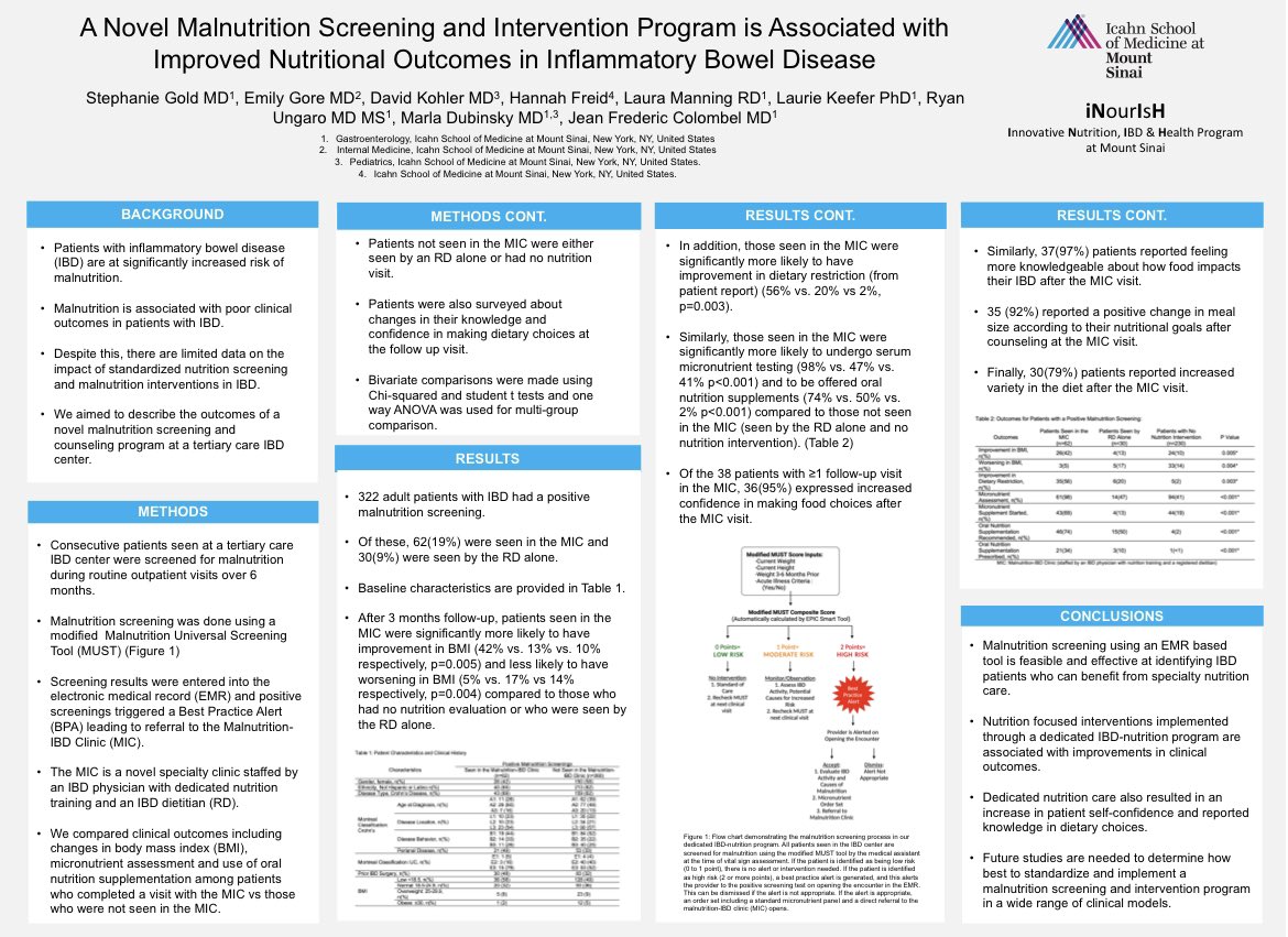 Stephanie Lauren Gold, MD (@gimdgold) on Twitter photo Interested in starting a malnutrition screening and intervention program? Come check out our poster today from 12-1:30 (#1734) detailing how we established our program including EMR integration and the results thus far! 🍎<a href="/JeanFredericCo1/">Jean-Frederic Colombel</a> <a href="/ryanungaro/">Ryan Ungaro MD MS</a> @drlauriekeefer <a href="/EmilyGoreMD/">Emily Gore</a> Interested in starting a malnutrition screening and intervention program? Come check out our poster today from 12-1:30 (#1734) detailing how we established our program including EMR integration and the results thus far! 🍎<a href="/JeanFredericCo1/">Jean-Frederic Colombel</a> <a href="/ryanungaro/">Ryan Ungaro MD MS</a> @drlauriekeefer <a href="/EmilyGoreMD/">Emily Gore</a>