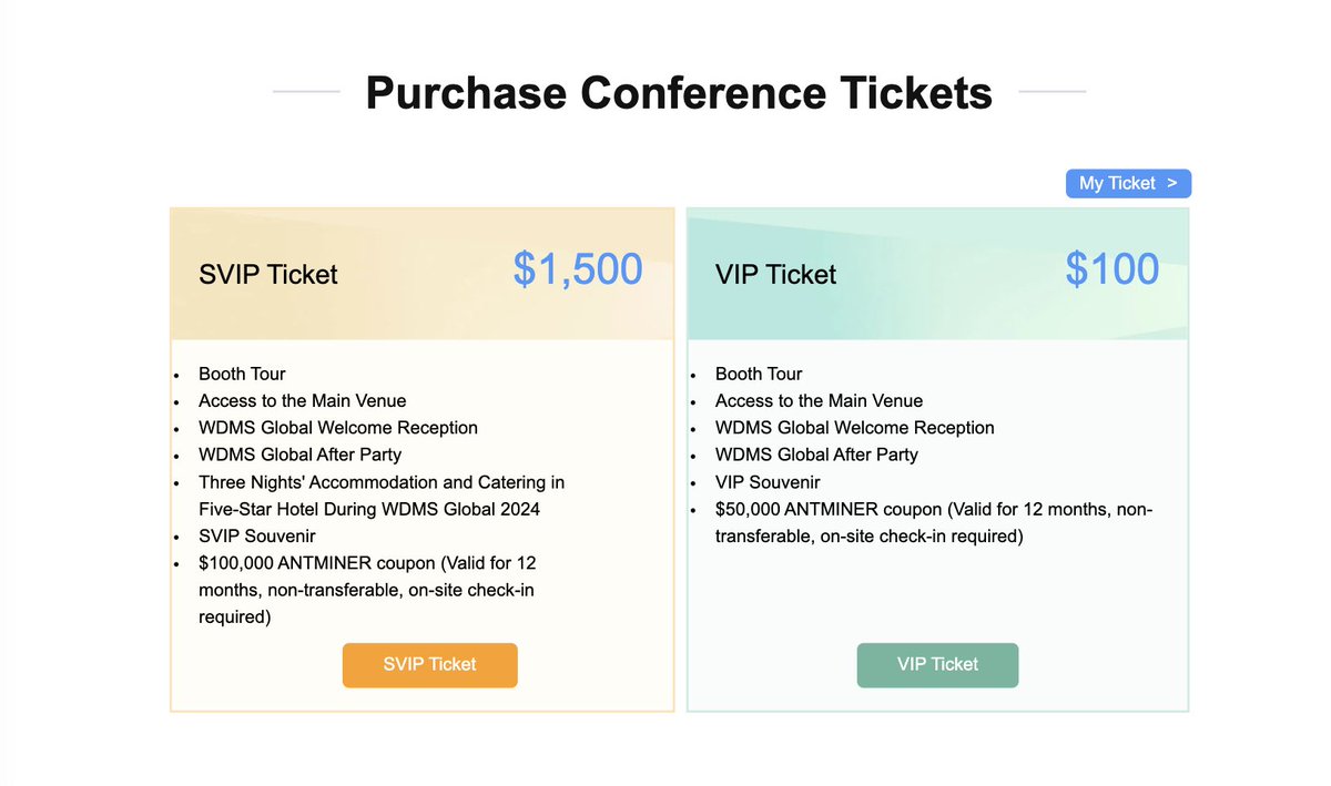 ✨Fun Fact: The cost of #WDMS2024 SVIP Ticket is $1,800, and we offer it for $1,500 😉 ✈️Get yourself to Las Vegas, and the rest is on us. 👇See what you can get with our #SVIP ticket 🎫🔗 bitmain.com/wdms