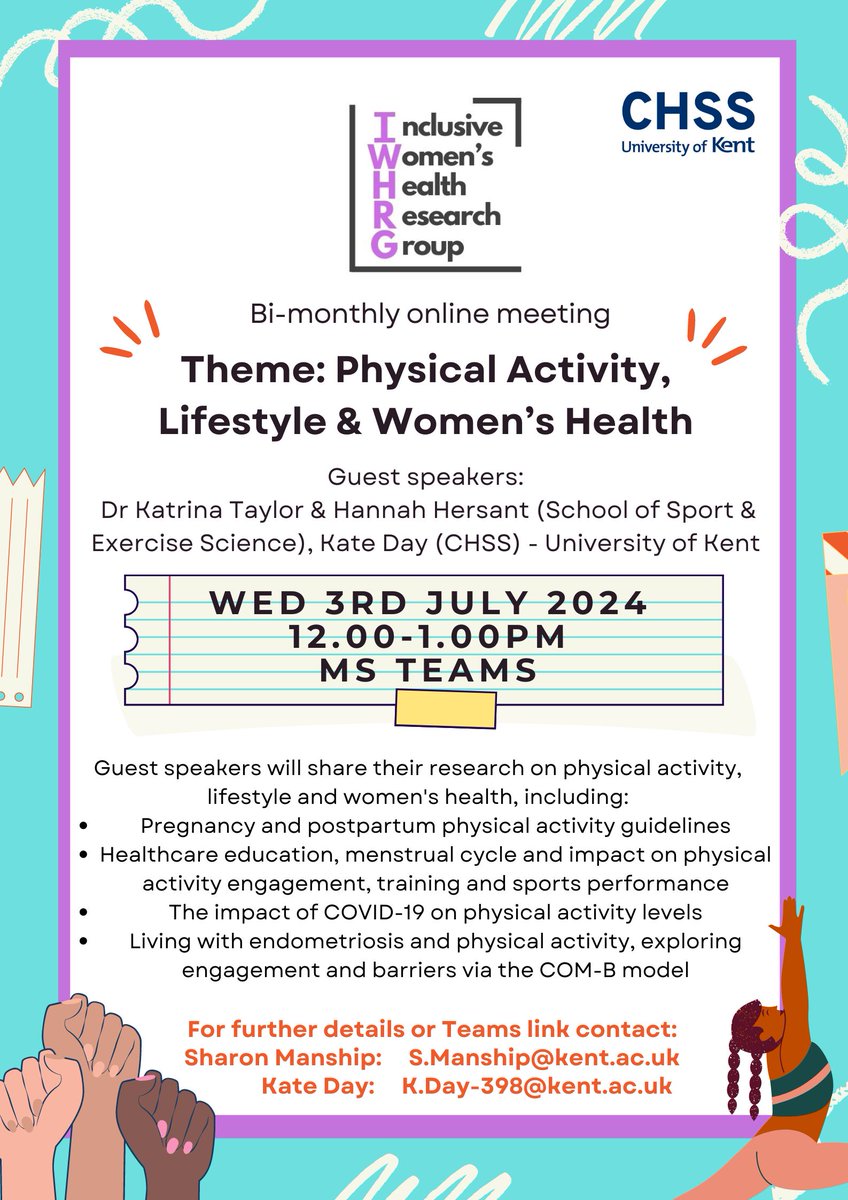 Please join us at the next bi-monthly online meeting of the @IWHRG_Kent on 3rd July where @KatrinaTaylor24 @HannahHersant and @KateDay28 will be sharing their research regarding physical activity, lifestyle and #womenshealth @CHSS_Kent