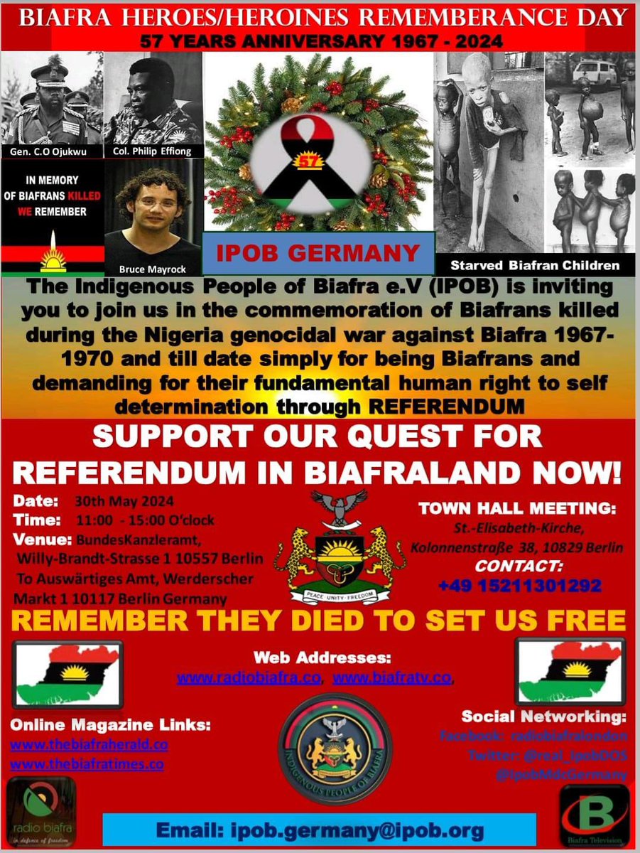 BlessedParadis2's tweet photo. #IPOB Germany are inviting all Biafrans, Friends of Biafrans and Lover’s of Freedom to join us in the commemoration of Biafrans killed in a Nigeria Genocidal war against Biafrans 1967-70 and till date.
#WeMustRememberThem
Date: 30th May 2024.
@BiafranTweets @real_IpobDOS https://t.co/EhiODHDysM