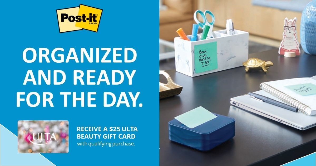 VelocityBP's tweet photo. Find out how to receive a $25 Ulta Beauty gift card when you purchase $200 of qualifying Post-it® Brand or Scotch™ Brand products: https://t.co/99UGUN3VaE https://t.co/Na36cvQeDy