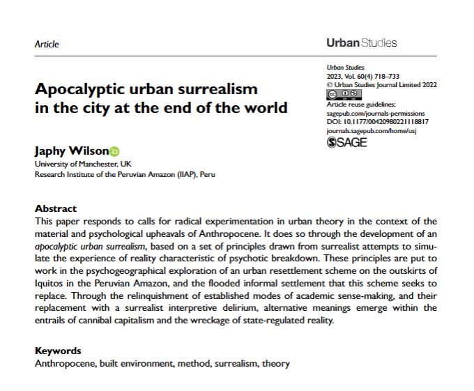 Urban Studies #BestArticle2023: Apocalyptic urban surrealism in the city at the end of the world by Japhy Wilson ow.ly/ph8y50RJTvI #OpenAccess