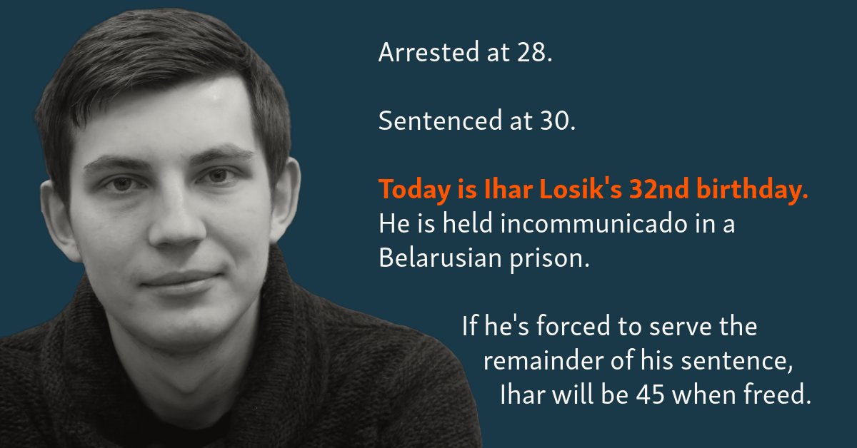 Today is Ihar Losik's 32nd birthday. The @RFERL journalist has spent his last three birthdays imprisoned in Belarus serving an unjust, 15-year sentence. He must be released and reunited with his family. #JournalismIsNotACrime #FreeIhar about.rferl.org/advocacy/impri…