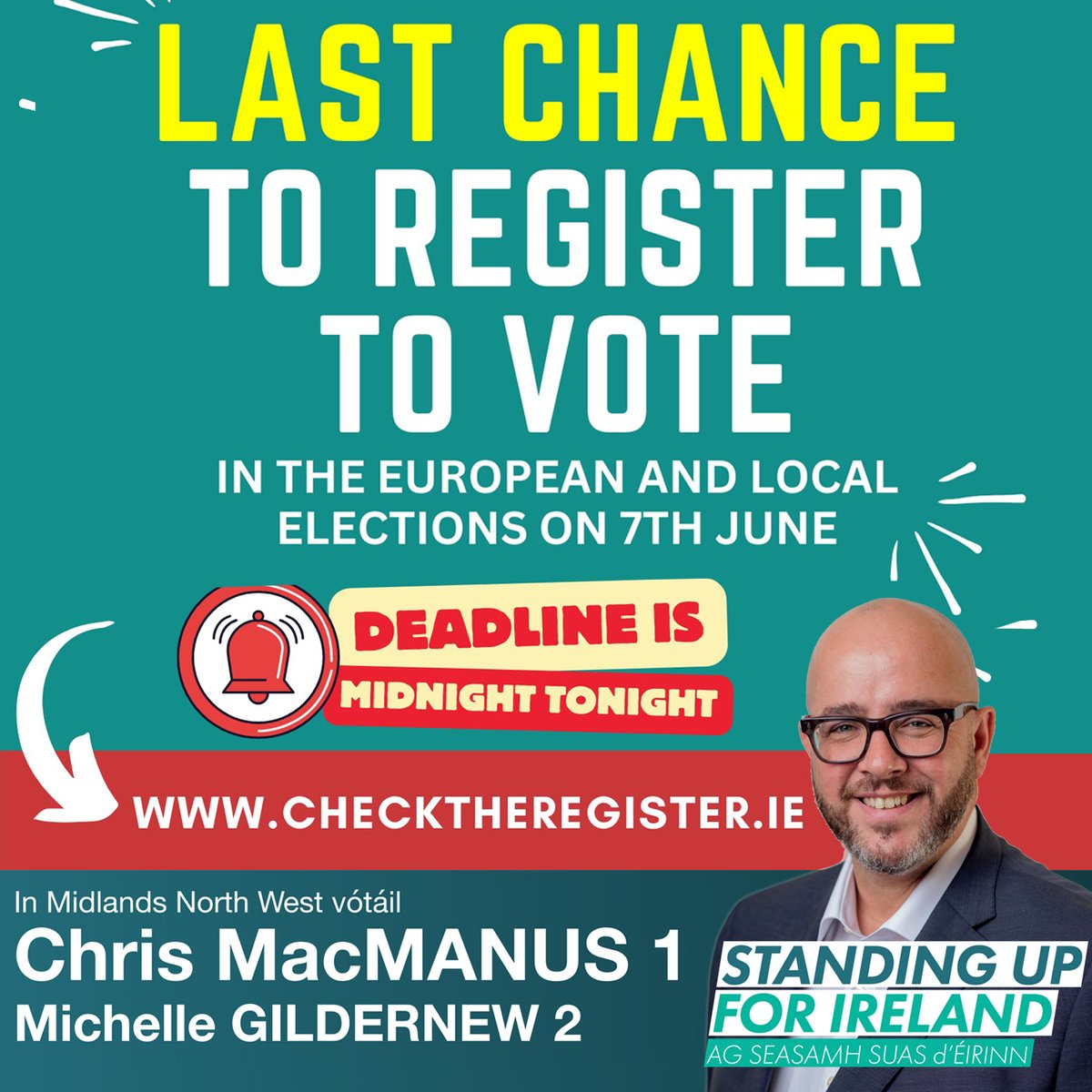 🗳️Today is your last chance to register to vote for the local and European elections. Make sure you have your say! Register to vote now! It’s quick & easy Go to ➡️ checktheregister.ie Vótáil Sinn Féin!