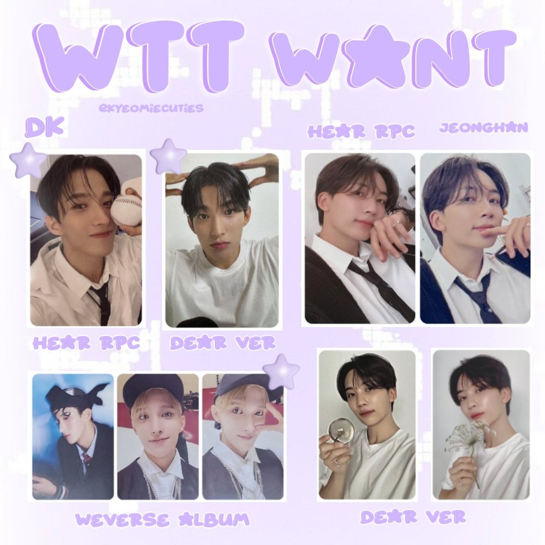 Wtt seventeen 17 is right here photocard 

Want -  DK & jeonghan 
Stars only trade for DK
Can meet up 25hb at #MYCARATsDiary & #𝘌𝘯𝘥𝘭𝘦𝘴𝘴𝘔𝘦𝘭𝘰𝘥𝘺𝘞𝘪𝘵𝘩𝘚𝘝𝘛 
DM me if interested! 

#pasarseventeen #pasarsvt #pasarseventeenmy