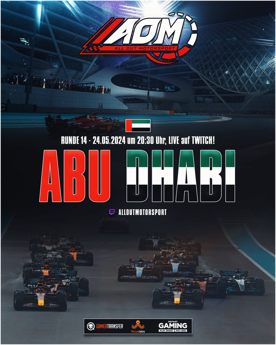 Das letzte Rennen der Saison in Abu Dhabi 🇦🇪 Die Meisterschaft ist durch, aber wer holt sich noch den letzten Rennerfolg? Freitag, 24.05.24 um 20:30 Uhr, LIVE auf Twitch! twitch.tv/alloutmotorspo… #AllOutMotorsport #F123 #SimRacing