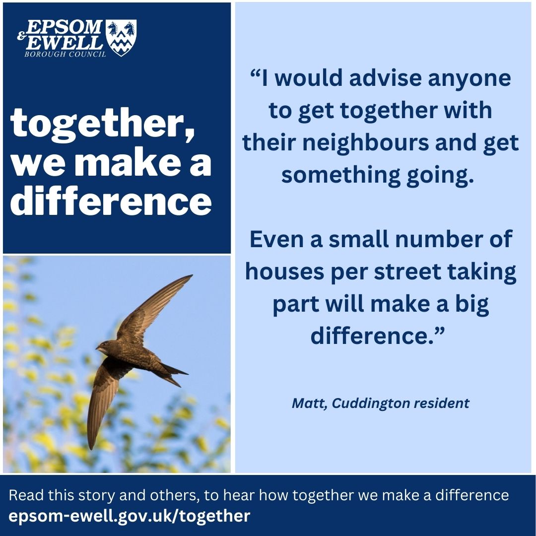 Epsom & Ewell Councillor Kim Spickett has been working with local residents to help swifts, house sparrows and starlings nest safely in Cuddington. Find out how they worked together to make a home for local wildlife in Cuddington: orlo.uk/agPiA