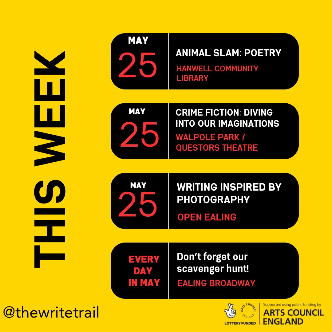 HAPPY #CreativityandWellbeingWeek 
@LAHArtsHealth 💛

We continue the month of May in the #LondonBorough of #Ealing with our exciting scavenger hunt + high quality writing workshops! 

All THANKS to @ace_national 💫

Check out our schedule! ⬇️ 
Book 👉🏽 thewritetrail.co.uk