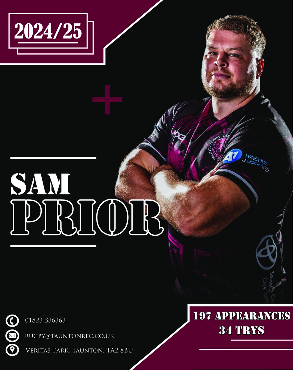 Sam Prior Returns Closing in on 200 Caps for the Titans Sam Prior has committed for another season playing for Taunton RFC. #Taunton #Rugby #Titans
