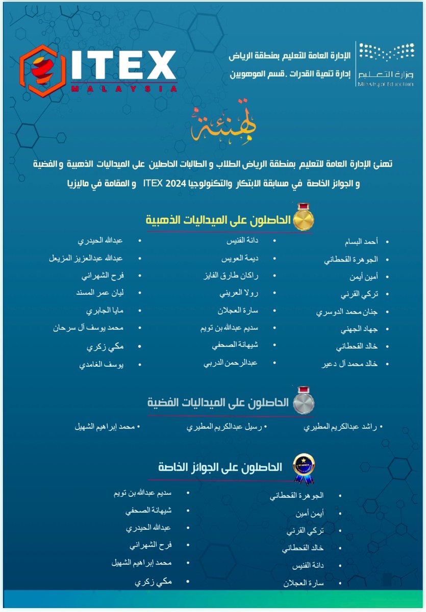 #إنجاز| في إنجاز جديد.. طلاب وطالبات #تعليم_الرياض يحققون 39 ميدالية في ختام منافسات #آيتكس_2024. وبهذه المناسبة تهنئ الإدارة الطلبة الفائزين وأسرهم ومعلميهم بهذا التميز.