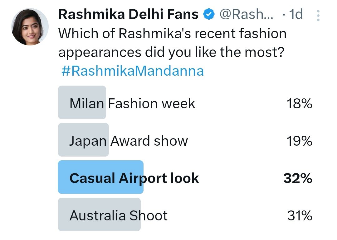 The result of this poll indicates that most people prefer Rashmika's casual airport look. She is a natural beauty and looks so beautiful even without makeup that it seems she doesn't need to adorn herself. #RashmikaMandanna ❤️😊
