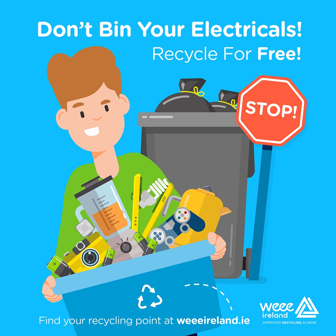 📢 WEEE Ireland (Waste Electrical and Electronic Equipment) is anything with a plug or a battery at the end of its useful life. 💻 Find out where your nearest recycling point is on ow.ly/7kXP50RMWm0 #WEEE #MyWasteIre #RoscommonRecycling #ewaste