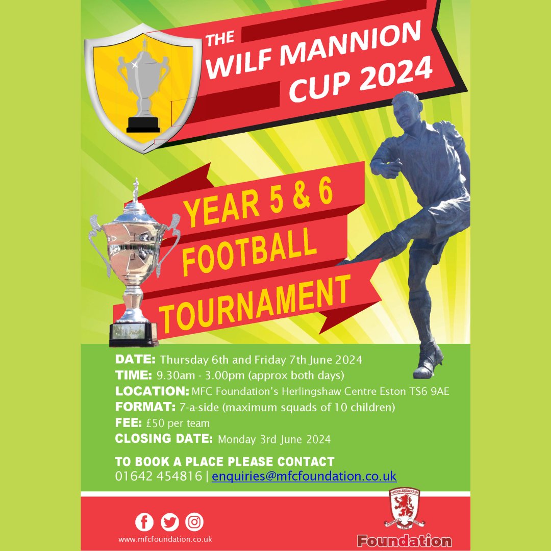 📢 Calling schools and parents who have children in Y5 and Y6. Entries are now being taken for the 2024 Wilf Mannion Cup. To find out more, or to book a place, ring 01642 454816 between 9am and 5pm Monday through Friday, or e-mail enquiries@mfcfoundation.co.uk