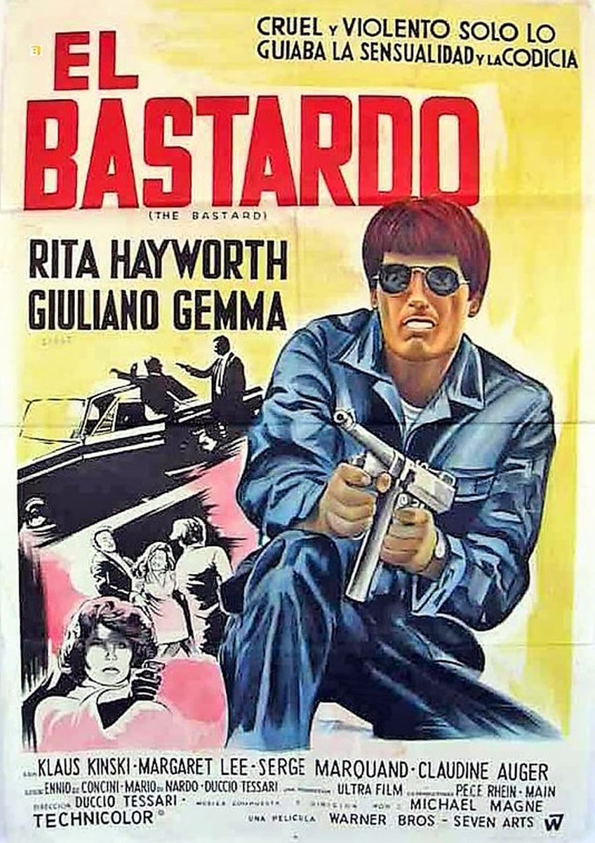 El bastardo (Duccio Tessari-1968). Coproducción Italia-Francia-Alemania con un sorprendente reparto ( Giuliano Gemma, Klaus Kinski, Rita Hayworth) en forma de policíaco pero con aromas a western. La cinta contiene suficientes elementos para su visionado y Rita Hayworth es uno.