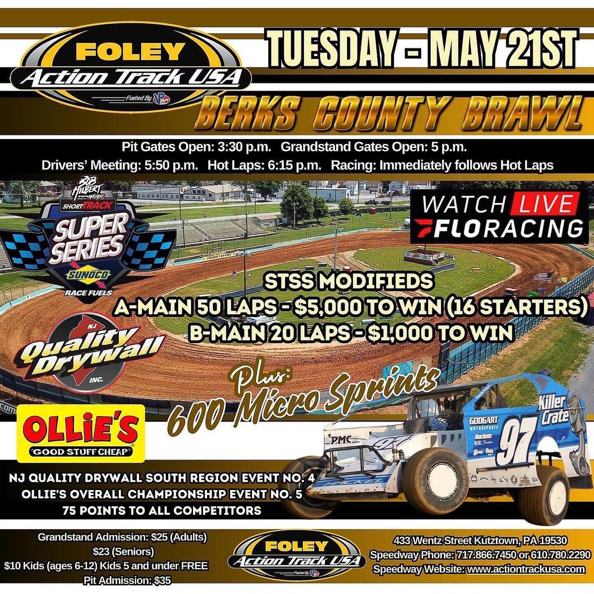 𝘽𝙍𝙄𝙉𝙂𝙄𝙉𝙂 𝙏𝙃𝙀 𝘼𝘾𝙏𝙄𝙊𝙉 𝙏𝙊 @ActionTrackUSA :  The @BobHilbertSW Short Track Super Series Modifieds invade the Kutztown Fairgrounds on Tuesday, May 21 for a true Berks County Brawl. Last year’s star Mike Gular will be there. Will you?