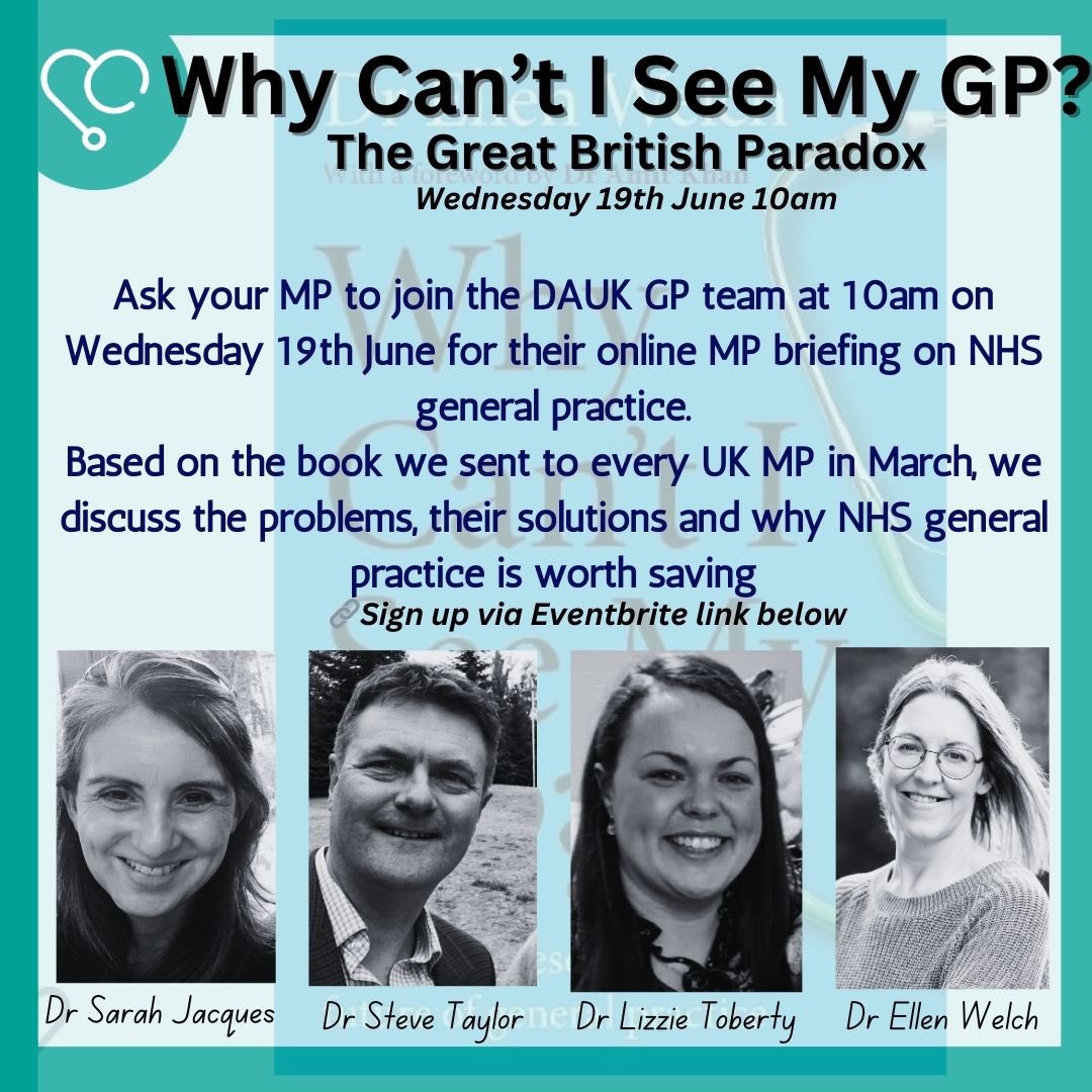 Based on the book we sent 650 MPs in March, we’re holding an online briefing at 10am Wed 19 June for all MPs and candidates Please ask your MP to join us by clicking here: dauk.org/news/2024/05/1… #WhyCantISeeMyGP