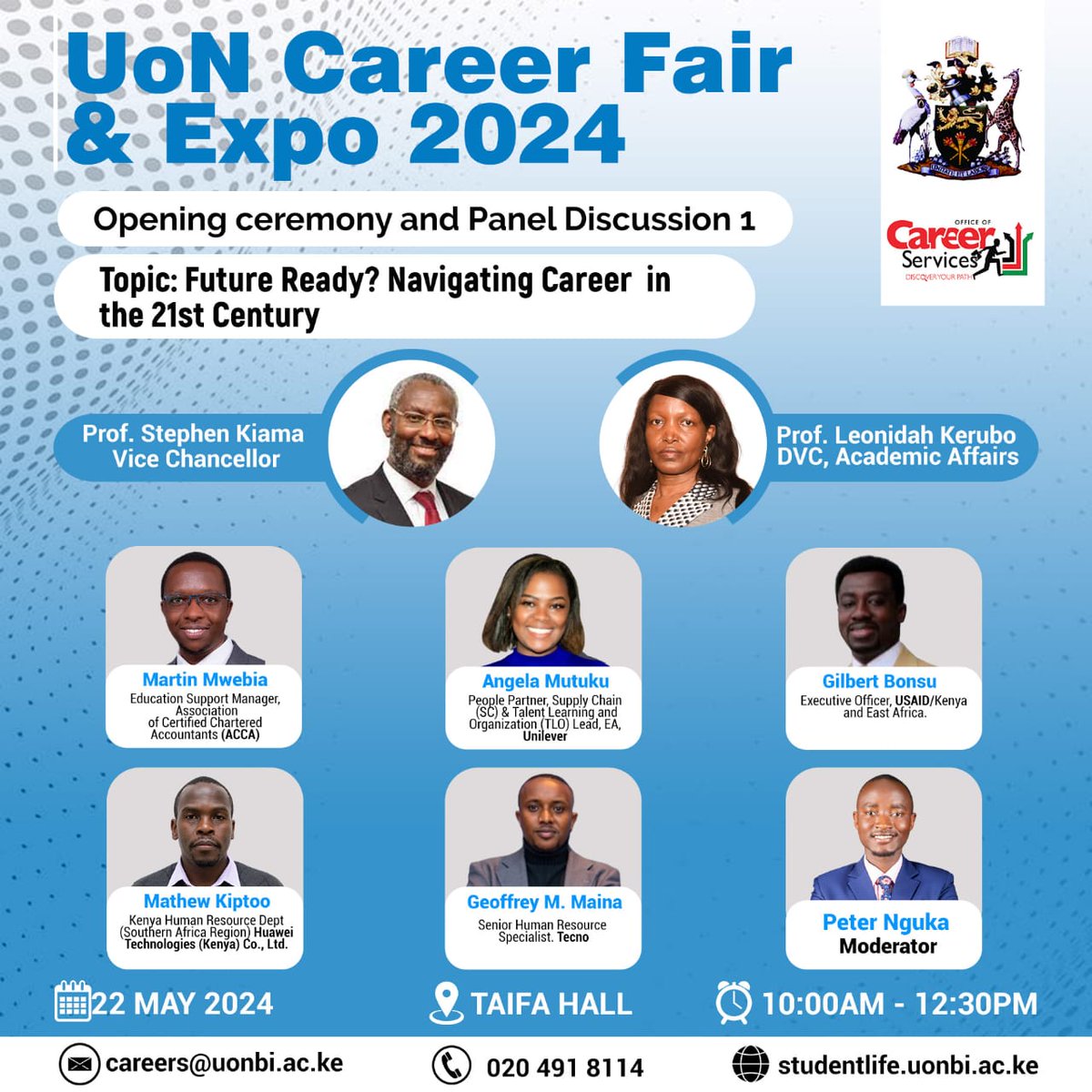 Join us as we tackle this timely discussion on the Future of Work and how to navigate the evolving Job Market' Date: May 22, 2024 Venue: Taifa Hall Time: 10.00am - 12.30pm #DevelopingMarketReadyGraduates #CareerMentorship #CareerDevelopment #WeAreUoN
