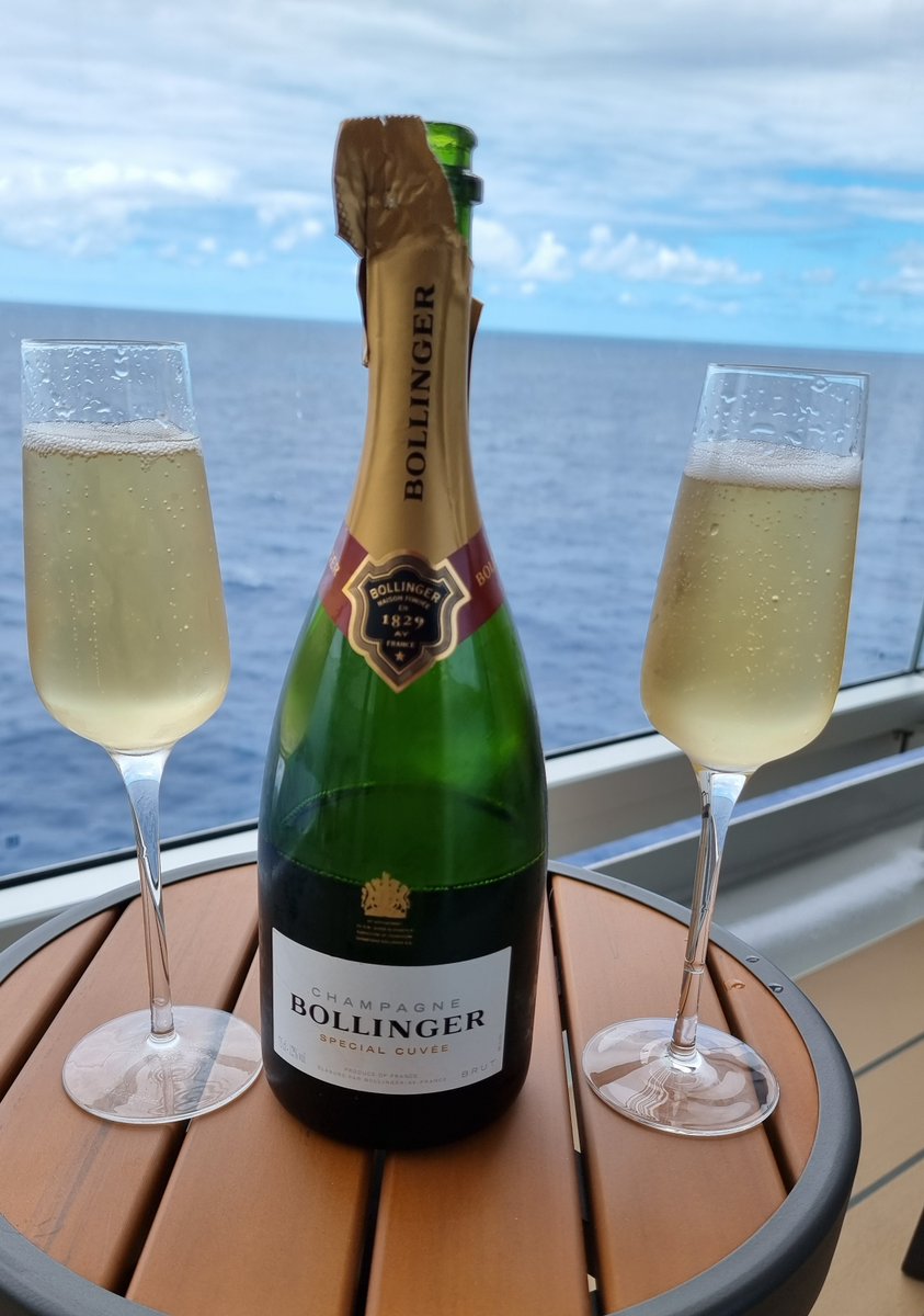 Our balcony.  Of course.
Bolly.  What else?  😋

#cruising #cruise #seaday #Atlantic #QueenAnne