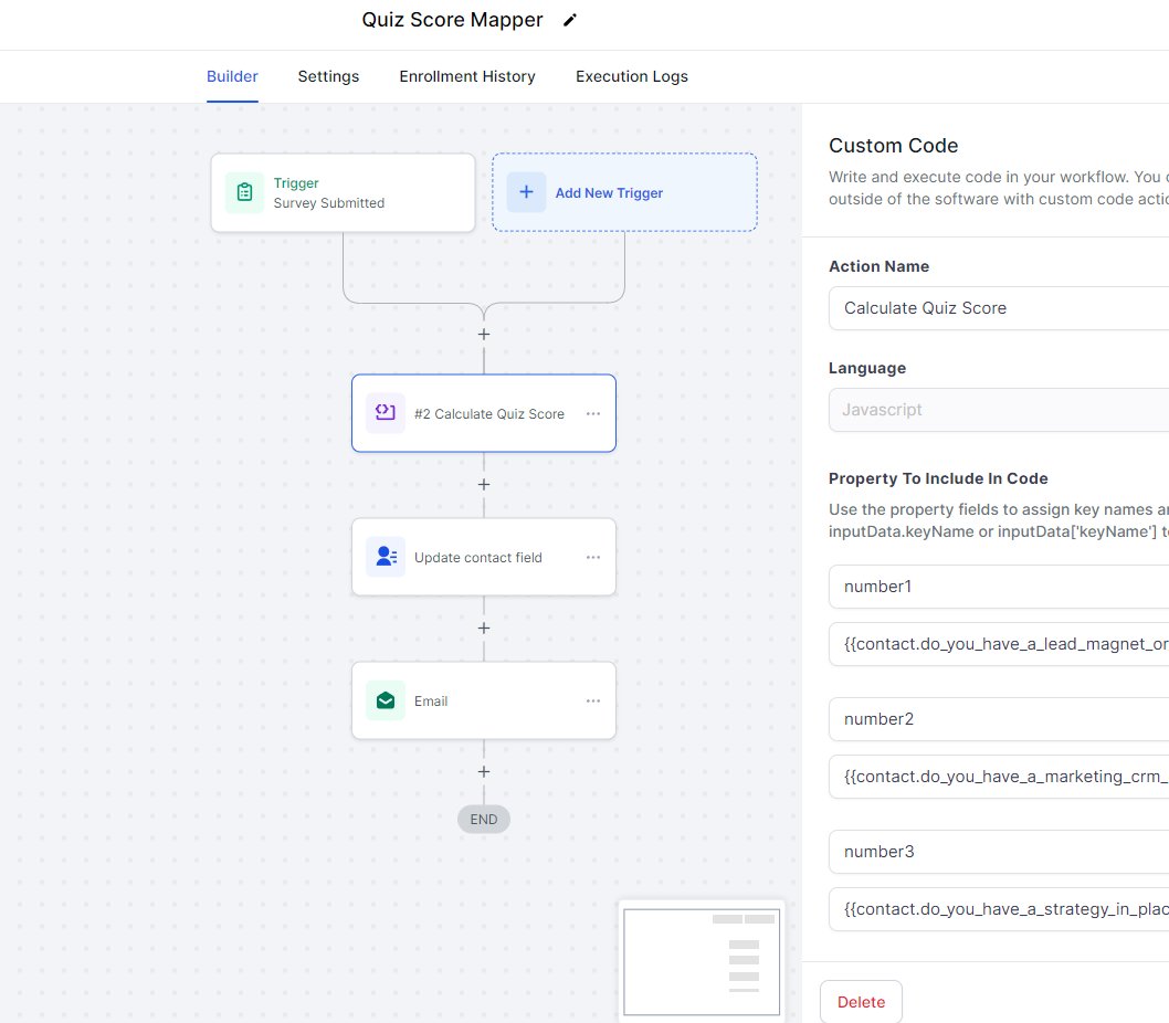 adelisanya's tweet photo. Go High Level's custom code workflow is pretty OP.

Can use it to fill in some of the functionality gaps that GHL haven't go around to implementing.

Best use case ive cooked up so far is using it as a quiz scoring engine to calculate what score someone has based on what they answered. 

A lot cleaner than 20+ if branches and go-tos.