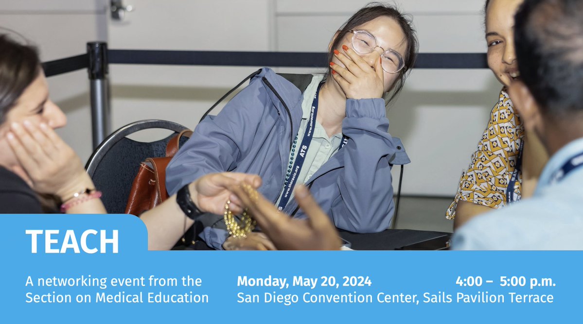 Don't miss the annual TEACH #meded Networking Event Today  5/20/24 from 4-5PM Pacific 

Where: Sails Pavilion Terrace.     

(Organized by TIME - Trainees Interested in Med Ed)   #PCCM