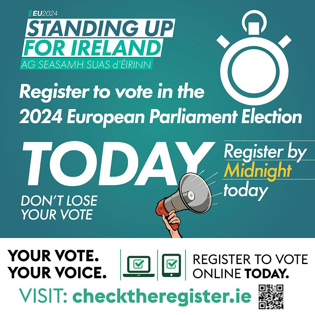 🚨 TODAY is the deadline to register to vote! 🚨 🫵🏼 Change starts here. Change starts with you! 🗳️ You can register to vote online now! - It's quick & easy to do! ⏰ Just go to checktheregister.ie before midnight!