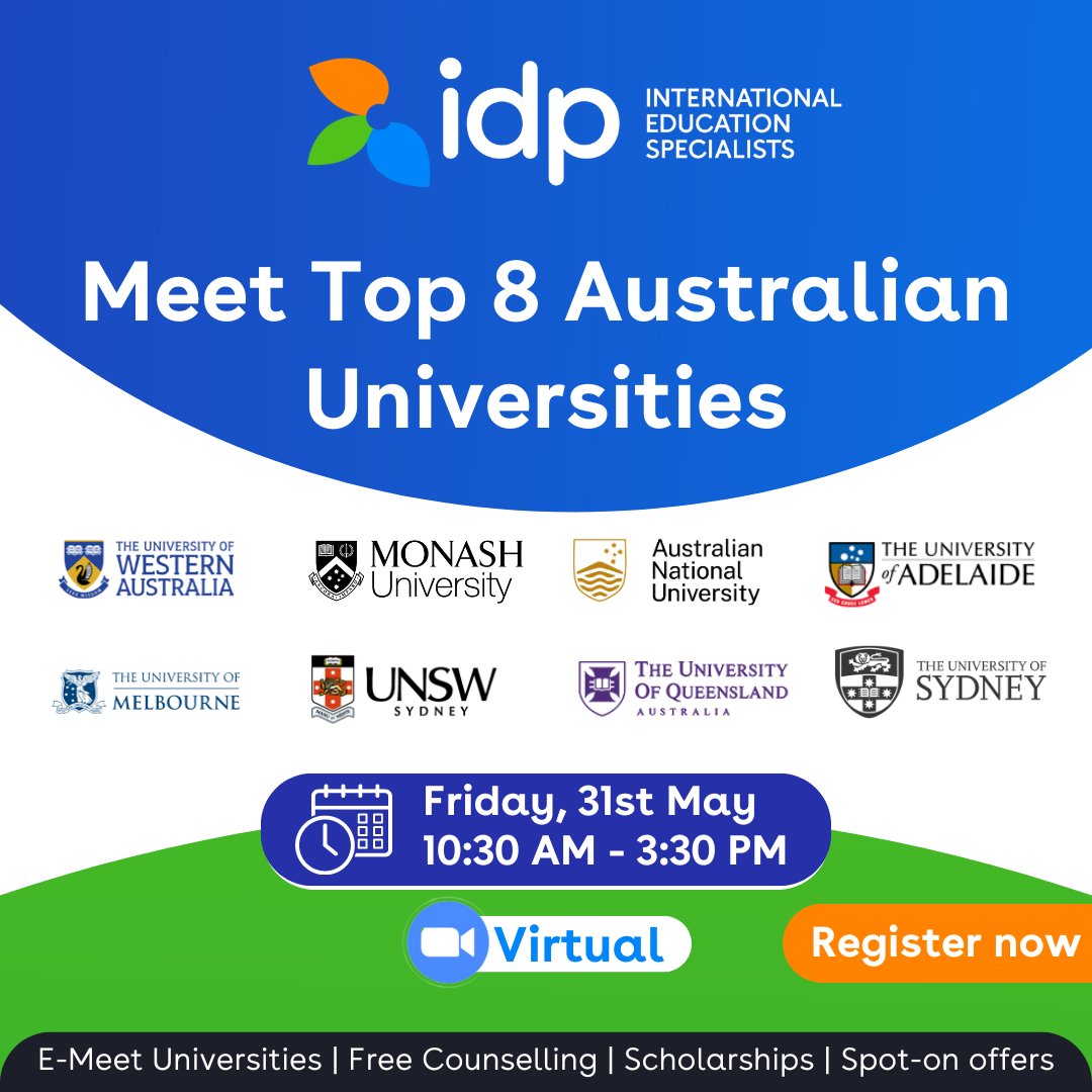 Mark your calendar for May 31st, 10:30 AM to 1:30 PM, and join us at IDP's Open Day!

Register now for free: srkr.io/6016Kl0

#IDPOpenDay #StudyInAustralia #FutureStartsHere