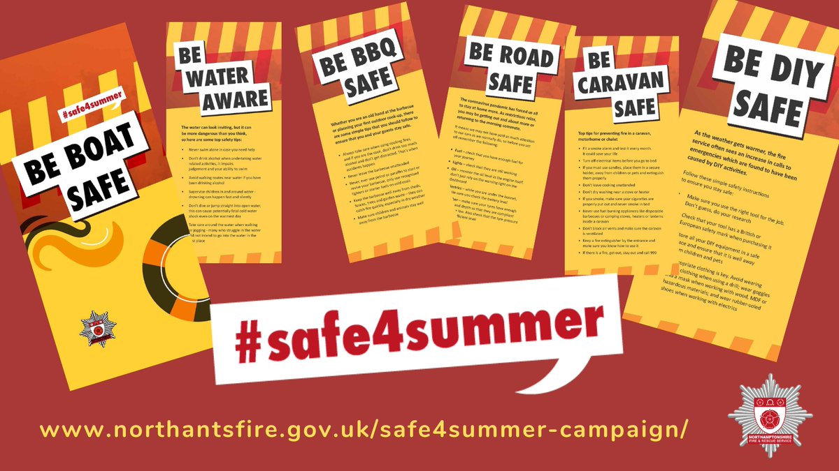 With the warmer longer days, we want you all to be able to keep safe this summer. Whether you’re planning a BBQ with friends, a family camping trip or an evening walk by the river, we have provided a few simple guidelines to help keep you safe. northantsfire.gov.uk/safe4summer-ca…