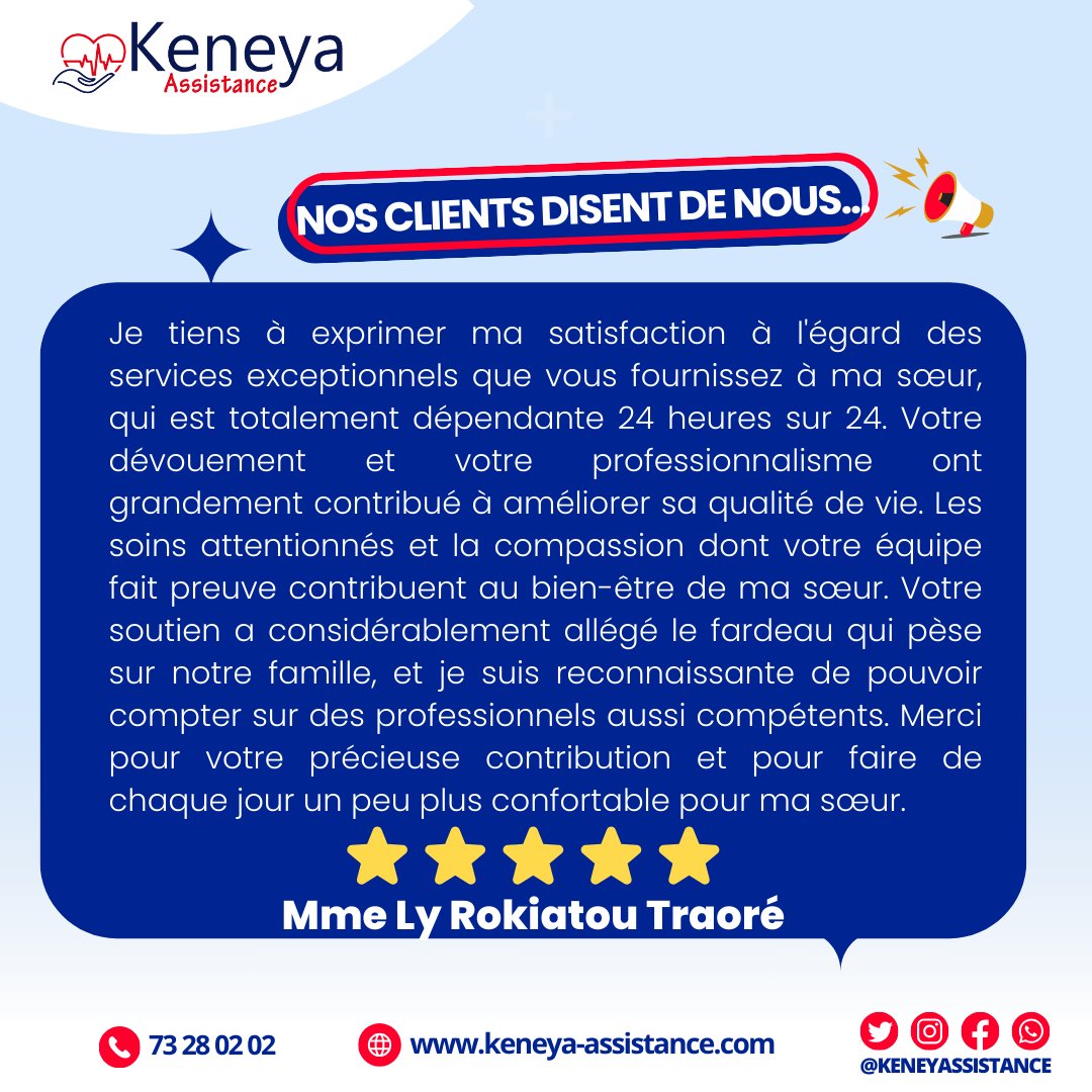 Keneya Assistance : Votre partenaire santé de confiance 🤝

Nous sommes fiers de partager le témoignage de Mme Ly Rokiatou Traoré, une cliente satisfaite de nos services d'assistance à domicile.

#KeneyaAssistance #SoinsADomicile #SatisfactionClient