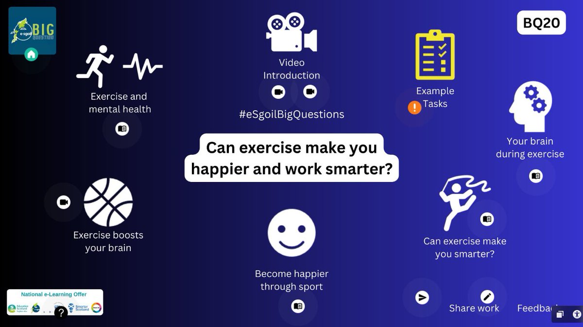 This is Walk to School Week. Our Big Question #20 learning space asks - Can exercise make you happier and work smarter? You'll find this and all the other Big Questions here e-sgoil.com/e-sgoil-big-qu… More info & resources on #WalkToSchoolWeek here: livingstreets.org.uk/walk-to-school/