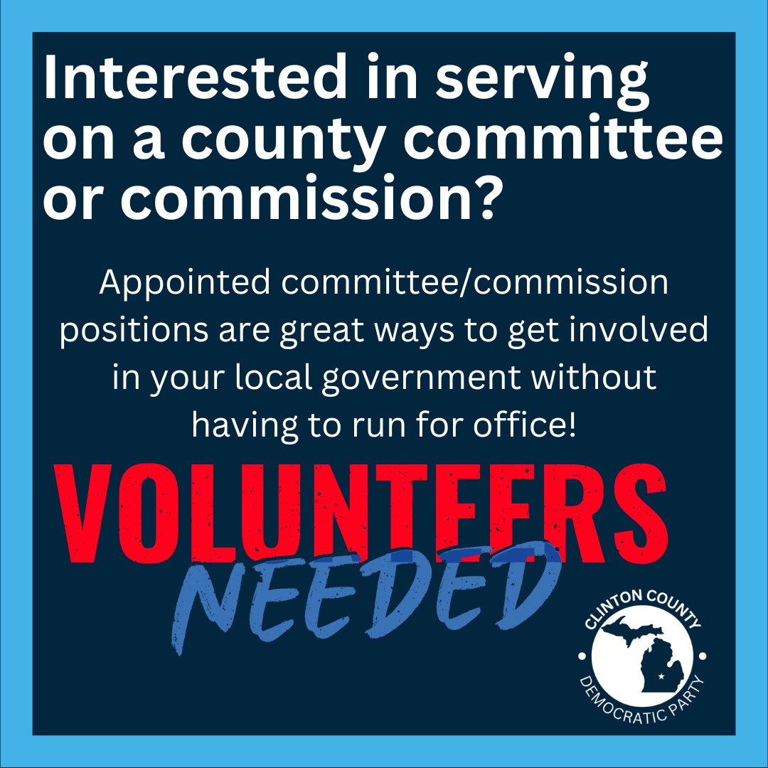 The application for individuals interested in serving on a county committee/commission can be found at clinton-county.org/179/Committees…. Even if there aren’t vacancies, submit an application for any committees/commissions you have interest in and the county will keep it on file!