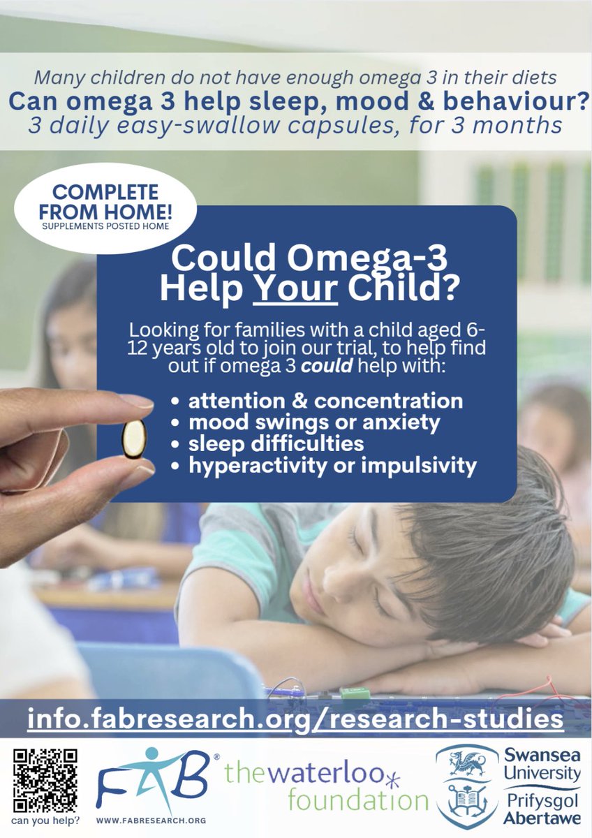 New clinical trial, investigating the effects of long chain omega-3 on children's mood, behaviour, attention and sleep.

Please help us spread the word / get in touch if you think you could support our recruitment efforts.

info.fabresearch.org/research-studi…