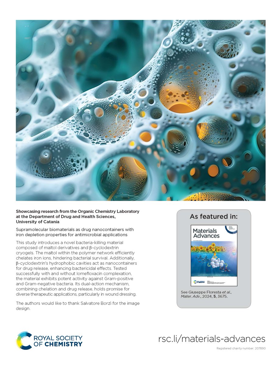 Read our featured back cover for #MaterialsAdvances issue 9 here! 'Supramolecular biomaterials as drug nanocontainers with iron depletion properties for antimicrobial applications' by Giuseppe Floresta et al. doi.org/10.1039/D3MA00…