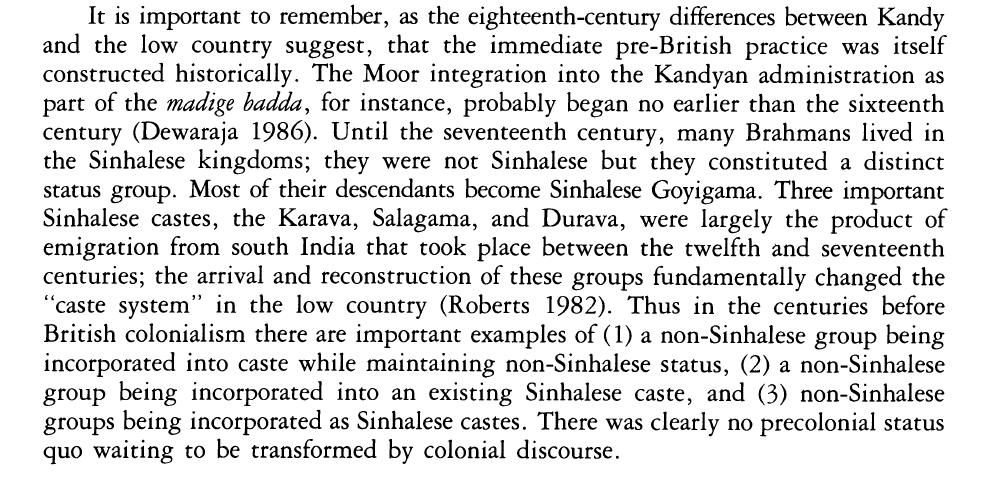 Just your regular reminder on the fluidity of ethnic and other identities, and the success of constructed narratives on historical opposition between Sinhalese and Tamils. By John Rogers' analysis, Sinhalese Karavas, Salagamas & Duravas are more south Indian than most Tamils 🙃