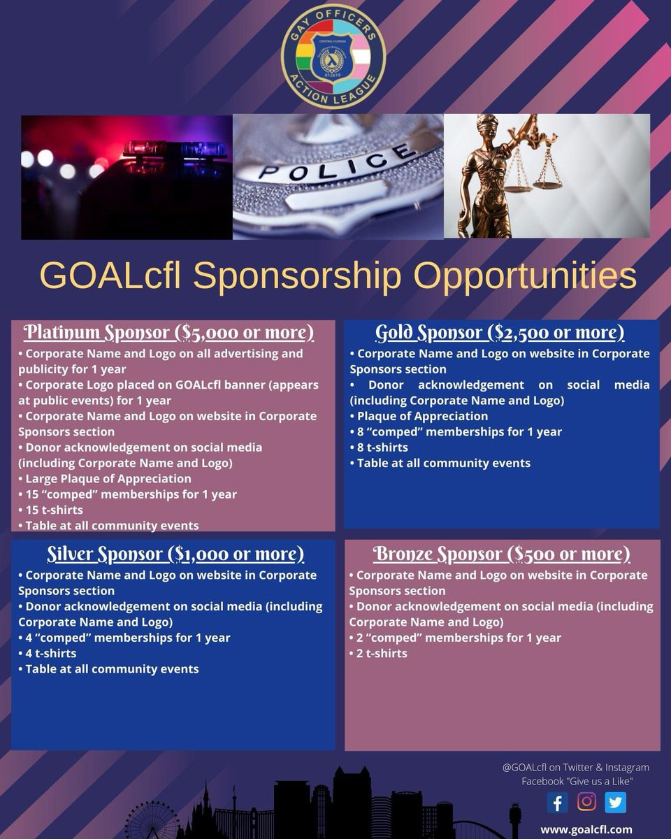 GOALCFL WANTS TO PARTNER WITH YOU!  

Take a look at our sponsorship opportunities!  For more information or to become a sponsor email info@goalcfl.org and one of our Board of Directors will connect with you!