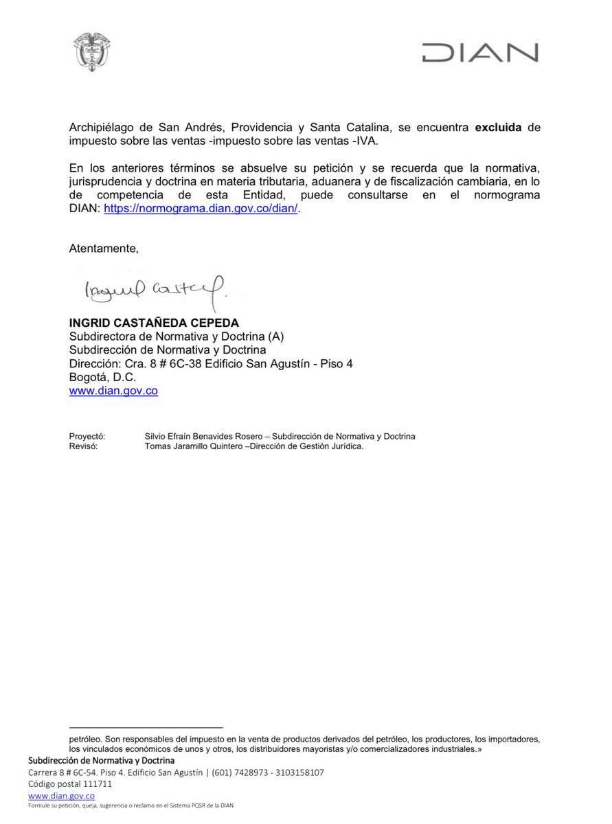 Operadores aéreos desde y hacia San Andrés, Providencia y Santa Catalina: 

Concepto de la <a href="/DIANColombia/">DIANColombia</a> concluye que la venta de combustible para avión por parte de distribuidores mayoristas, que tengan como destino el territorio del Archipiélago, se encuentra excluida de IVA 👇🏼