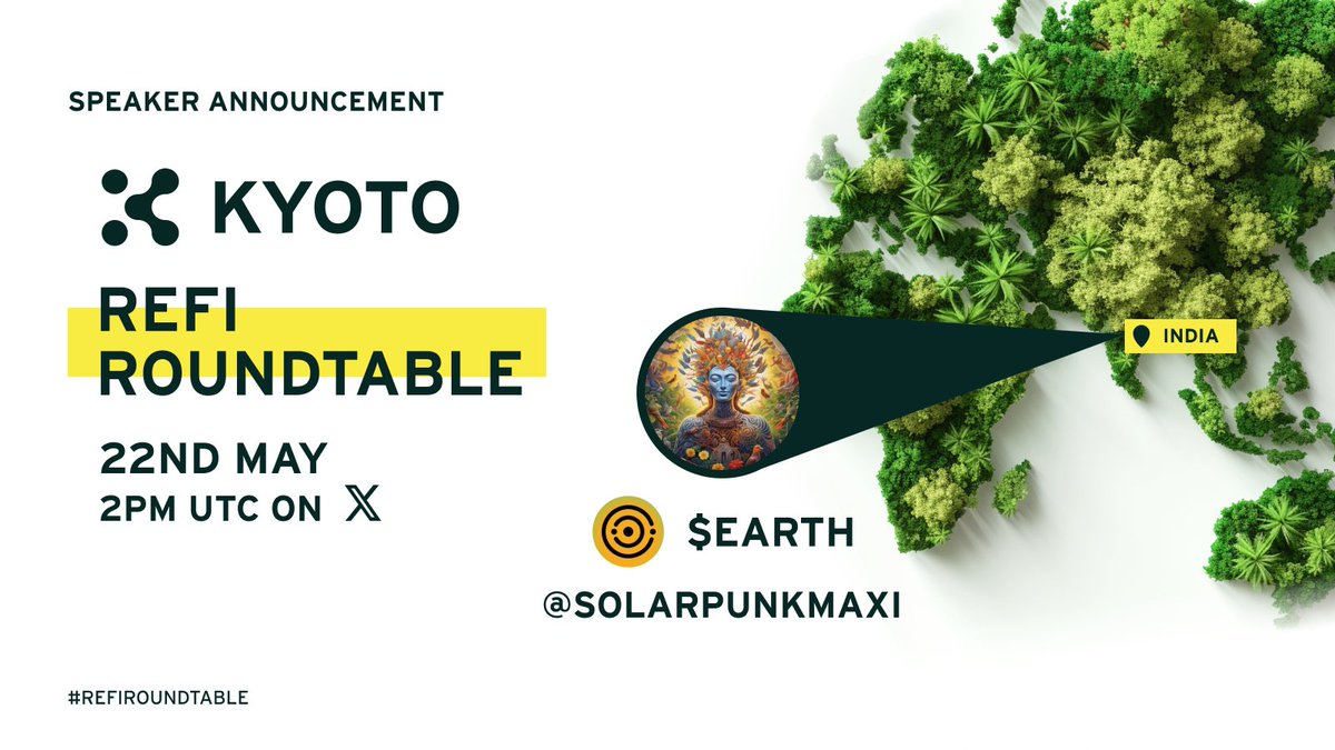 🚨New Speaker Alert!🚨 🎉@Solarpunkmaxi of @solarpunkdao is our next $KYOTO #ReFi Roundtable entry🥳 📱 $EARTH is a digital currency backed by real-world climate solutions, ecosystem services and solar punk values🌍 Don't miss it!👇 x.com/i/spaces/1vAxR… #KyotoBlockchain