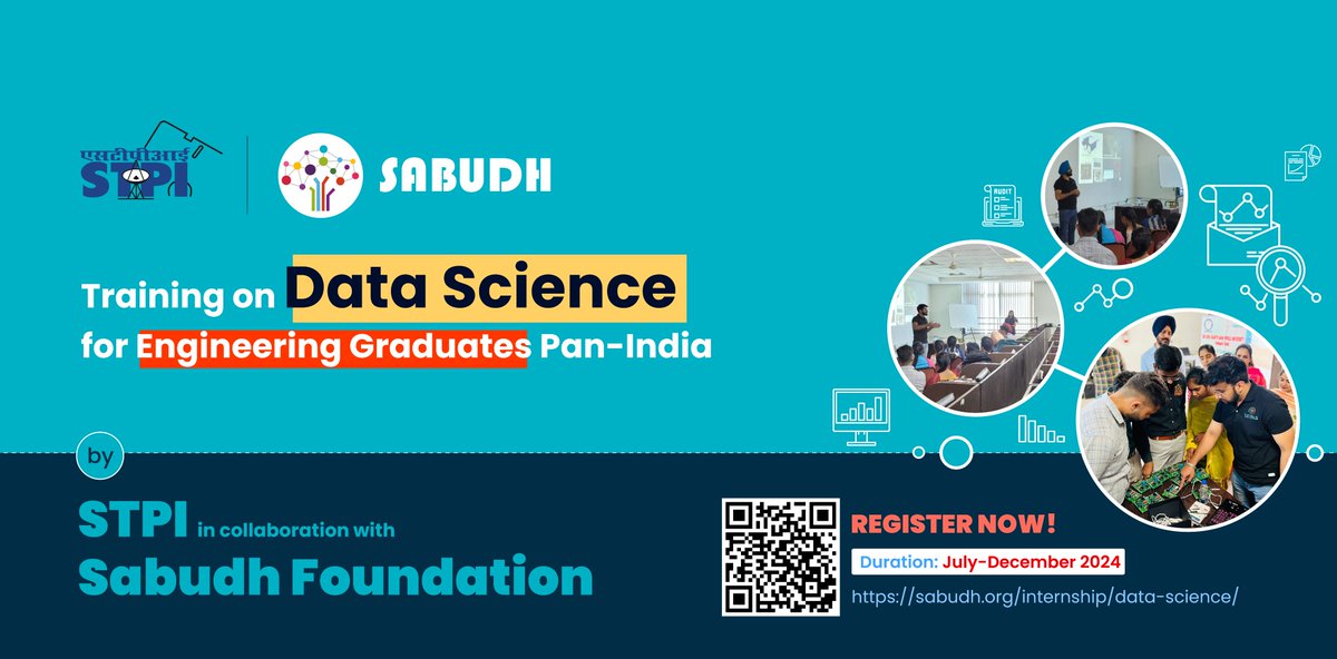 In Collaboration with Sabudh Foundation, #STPIINDIA invites Pan-India Engineering Graduates to Register for the Training on Data Science. Course Duration - July - December 2024 Enroll Now - sabudh.org/internship/dat…… @arvindtw @SabudhF