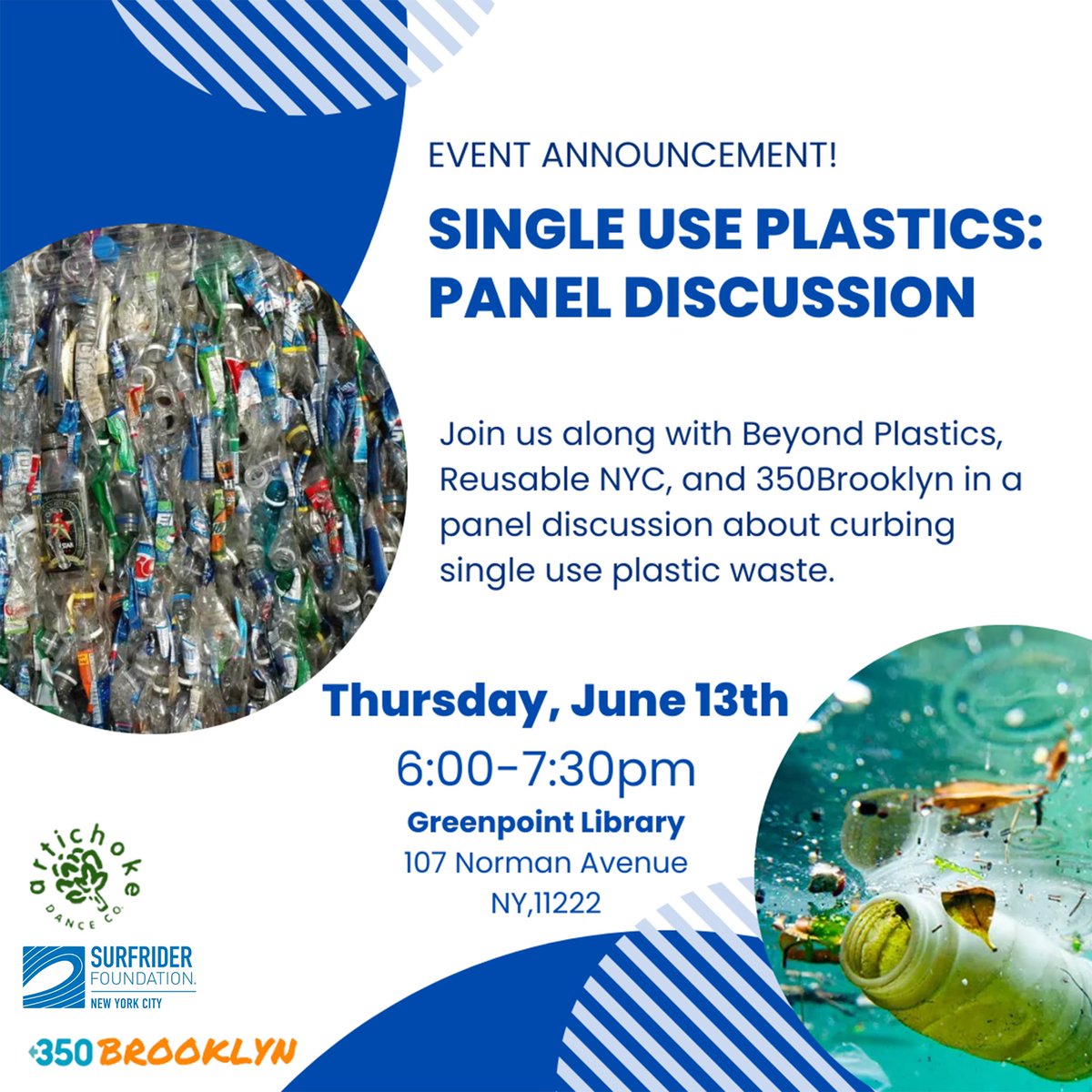Here to announce the next event in our “Perils of Plastic Series!”

This information is so important in the conversation of plastic waste, and we hope to see you at this event with your support! 🌎🚮

#EcoArts #ArtichokeDanceCompany #NoMoreSingleUsePlastics #PanelDiscussion