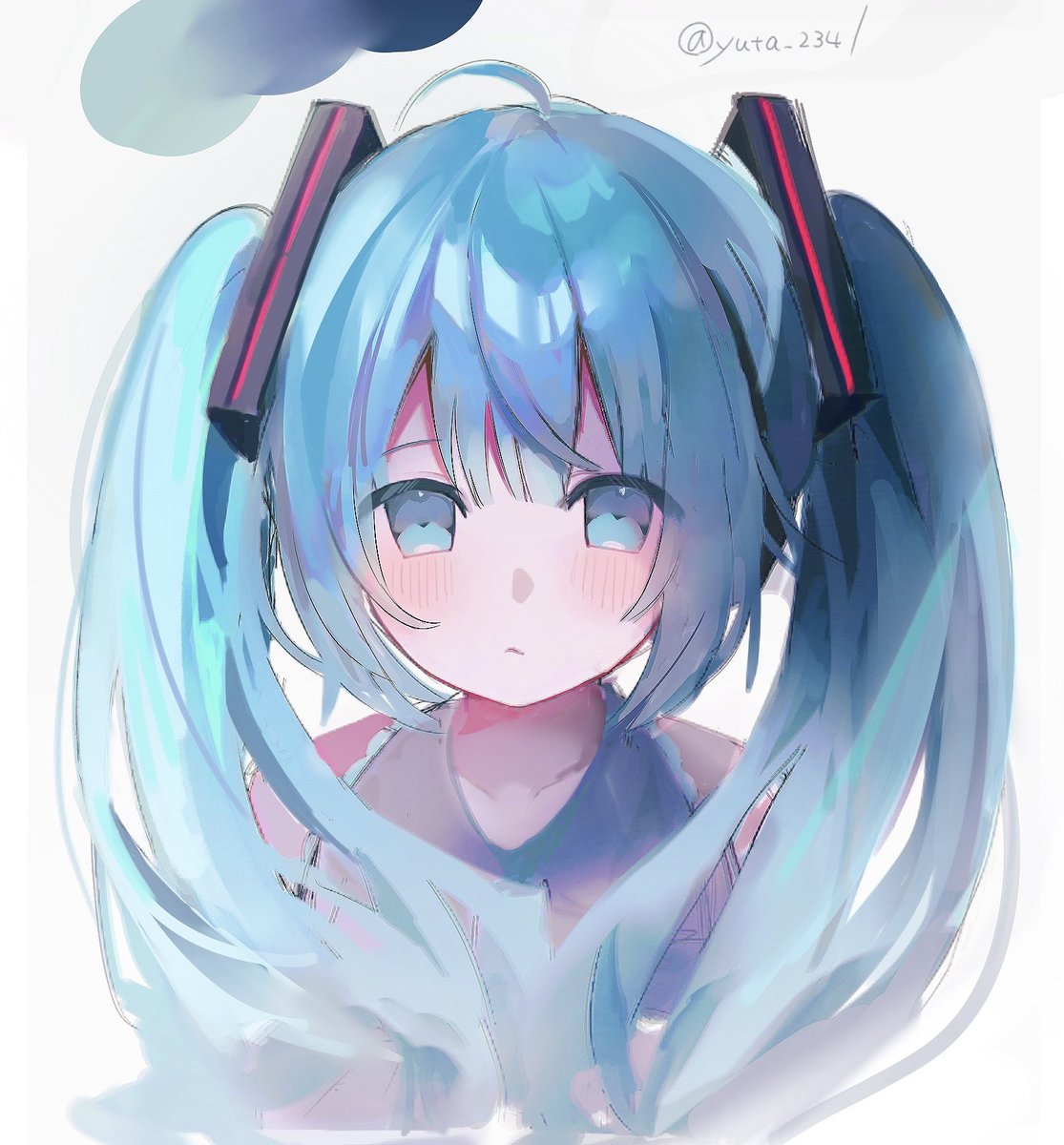 hatsune miku 1girl solo long hair looking at viewer blush blue eyes simple background  illustration images