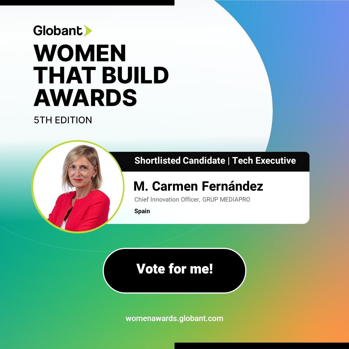 María Carmen Fernández, Director of Innovation at GRUP MEDIAPRO, is a nominee for @Globant's #WomenthatBuildAwards 2024 as a Tech Executive.

The awards recognize inspirational women who have made major contributions in technology.

Vote for her at globant.link/3UxKbBT