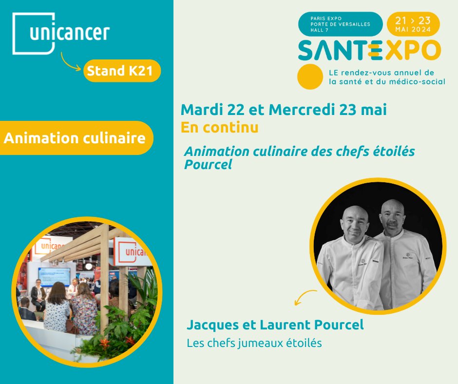 #Santexpo 👨‍🍳Découvrez sur le stand Unicancer K21 le mardi 21 et mercredi 22 mai, une animation culinaire en continu par les chefs étoilés Pourcel. Venez nombreux pour échanger et découvrir leurs initiatives ! 👉 urlz.fr/qAdF