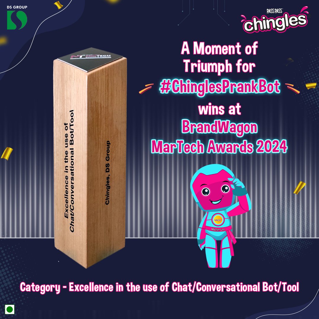 Our #ChinglesPrankBot campaign not only spread laughter and fun but also brought home wins.

We are honored to receive an incredible win at the BrandWagon MarTech Awards 2024 in the category of Excellence in the Use of Chat/Conversational Bot/Tool.