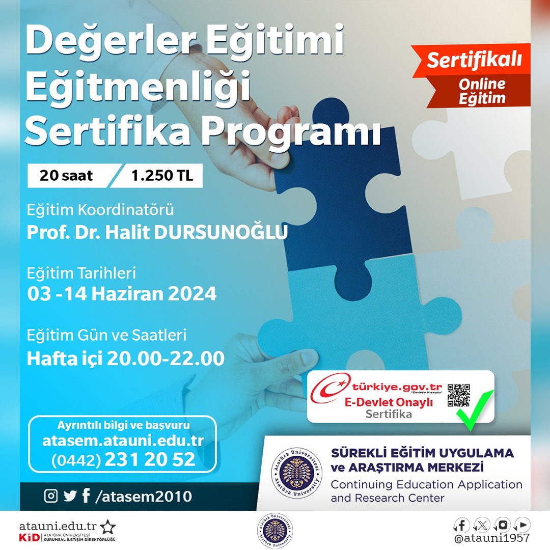 atauniv1957's tweet photo. ✨Değerler Eğitimi Eğitmenliği Sertifika Programı
🗓 03 - 14 Haziran 2024
🕛 Hafta içi 20.00-22.00
👤Eğitim Koordinatörü
Prof. Dr. Halit DURSUNOĞLU
🔵 Ayrıntılı bilgi ve başvuru için⤵:
👉 https://t.co/WfhDc4aLdQ
#AtatürkÜniversitesi #Atasem #AtasemEğitimleri #Erzurum #Kampüs #Mayıs @atasem2010