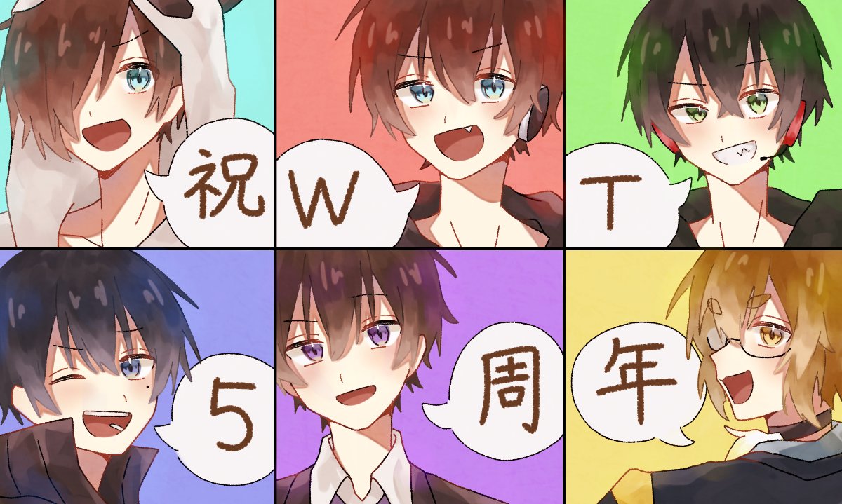 10_hinosame's tweet photo. 周年絵今年で丁度4枚目だったんですよね。これよりも前の、ずっと画力が無くて同じ画面に6人なんて収められなかった頃からずっと大好きで。人生に彩りを与えてくださって本当にありがとうございます。 https://t.co/zBvj8U3Ikz