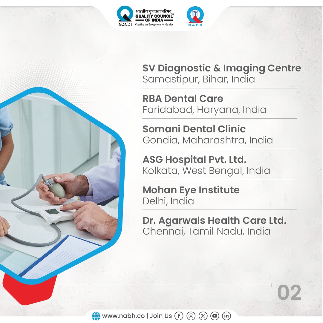 Congratulations to the newly accredited NABH hospitals! Your dedication to maintaining healthcare quality is truly commendable. Let's continue to raise standards and prioritize excellence in patient care and safety together,+