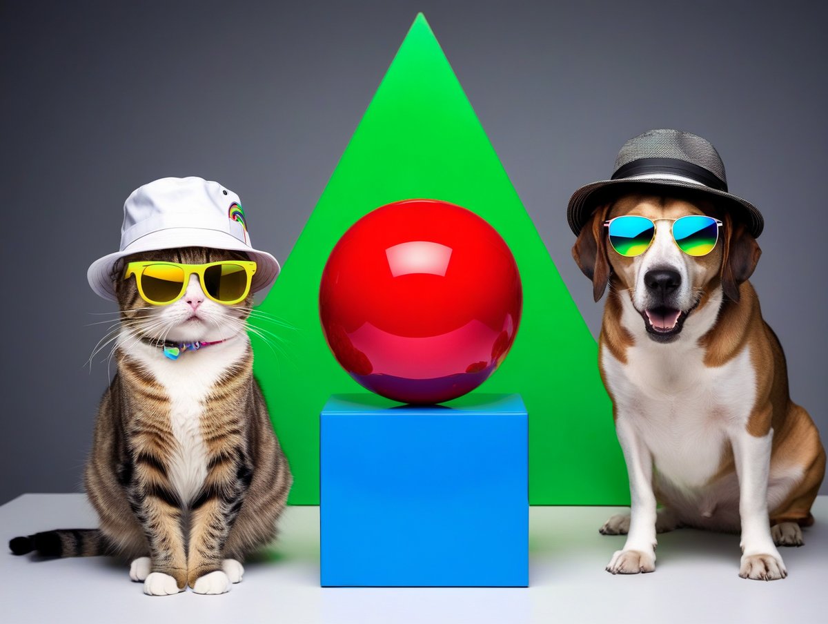 Photo of a bright red sphere on top of a blue cube. Behind them is a green triangle, on the right is a dog with rainbow sunnies and a fedora, on the left is a cat with yellow sunglasses and a white bucket hat.

#oneshot #foundational #notcherrypicked @LeonardoAi_