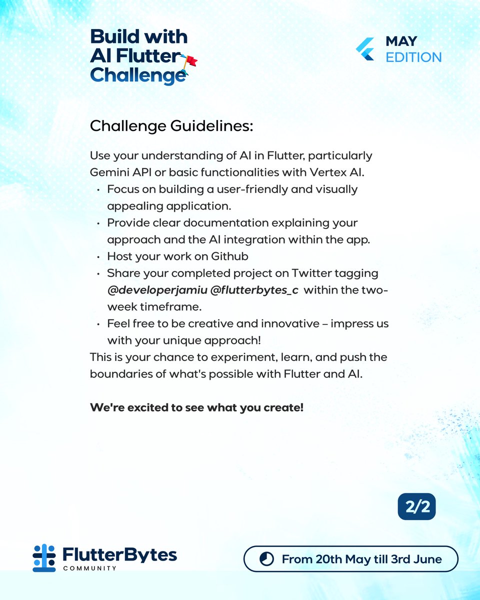 flutterbytes_c's tweet image. It’s #BuildWithAI challenge seasonnnn 🥳🥳🥳🥳

This challenge is going to be for two weeks. You can work solo or work with someone, if you are working in a group, max of 3 people 😇

We can’t wait to see your solutions. 

#letsgogetthissolution 🥳🥳🥳