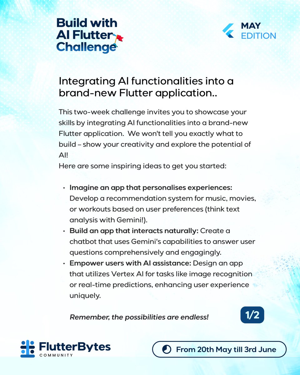 flutterbytes_c's tweet image. It’s #BuildWithAI challenge seasonnnn 🥳🥳🥳🥳

This challenge is going to be for two weeks. You can work solo or work with someone, if you are working in a group, max of 3 people 😇

We can’t wait to see your solutions. 

#letsgogetthissolution 🥳🥳🥳